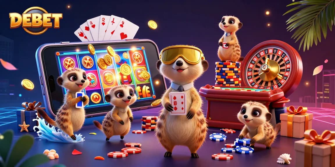 Experience DEBET’s lively casino atmosphere filled with meerkats and dynamic gaming elements.