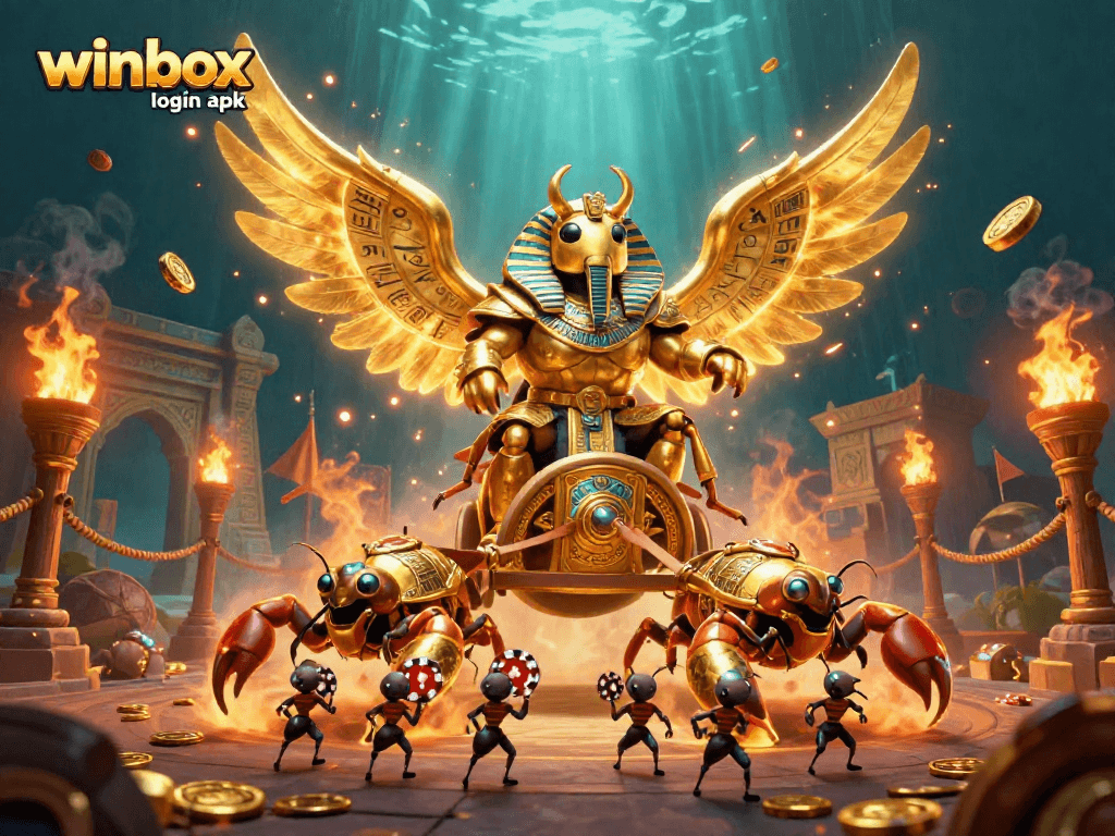 Engage with winbox login apk in a vibrant casino-themed 3D illustration featuring dynamic golden elements.