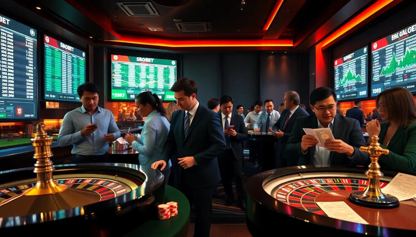 SBOBET 99win gamblers analyzing sports odds in a luxurious betting environment