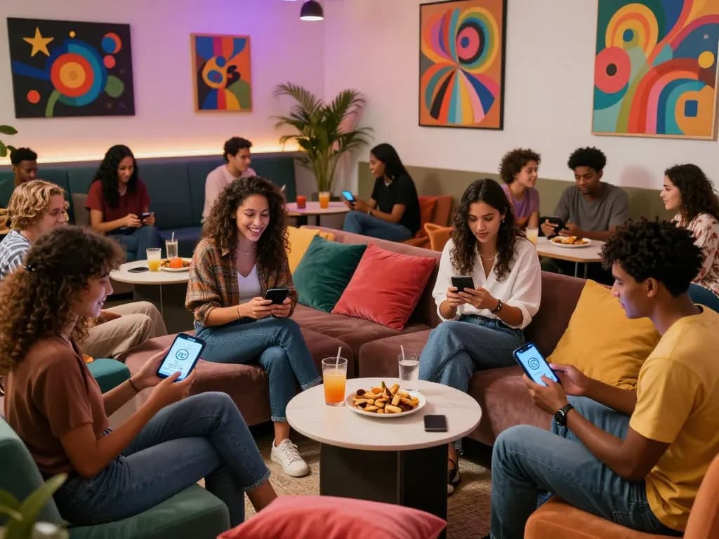 Engaging group using 18+ AI chat services in a modern lounge.