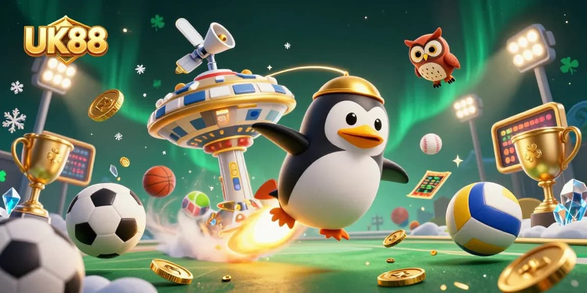 Experience UK88 with a dynamic casino scene featuring a golden penguin, casino chips, and flying sports balls.