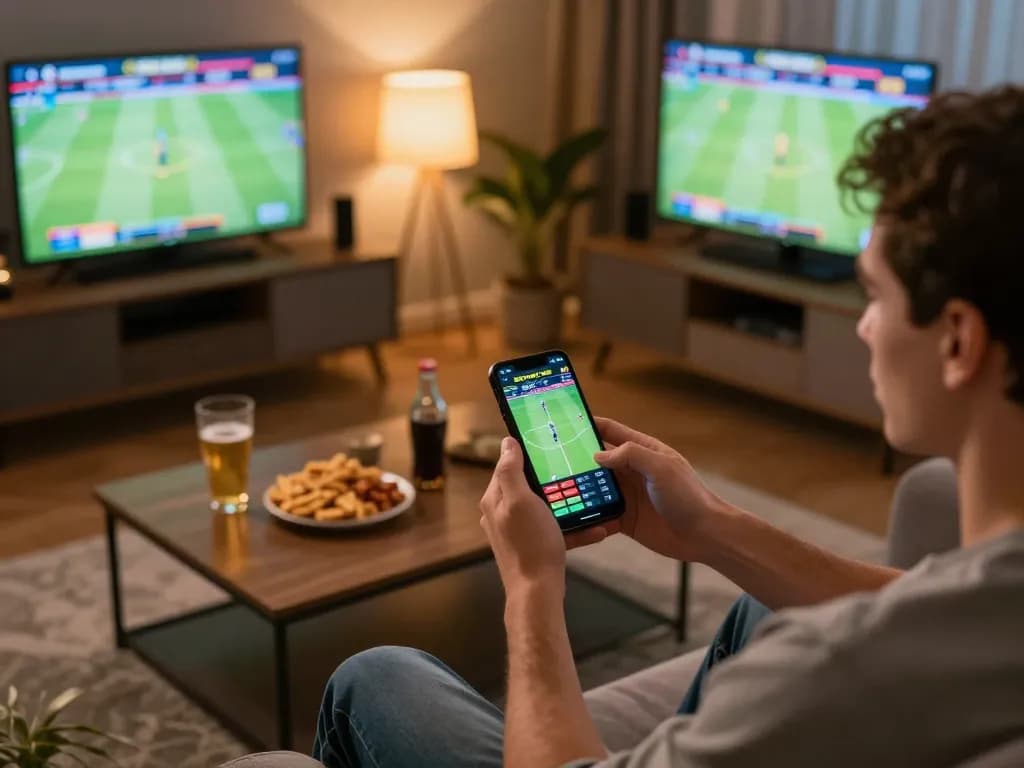Engaging in sports betting action using smartphone on trang cá cược bóng đá platform in home setting.