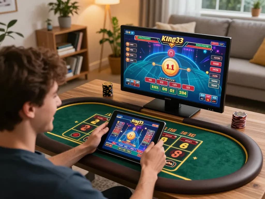 Player engaging in live dealer game on king33 platform from cozy living room setup, showcasing dynamic online gambling.
