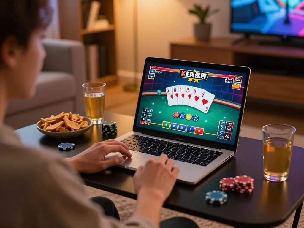 Player engaging with 98win com poker game on laptop at home, showcasing a strategic online gambling experience