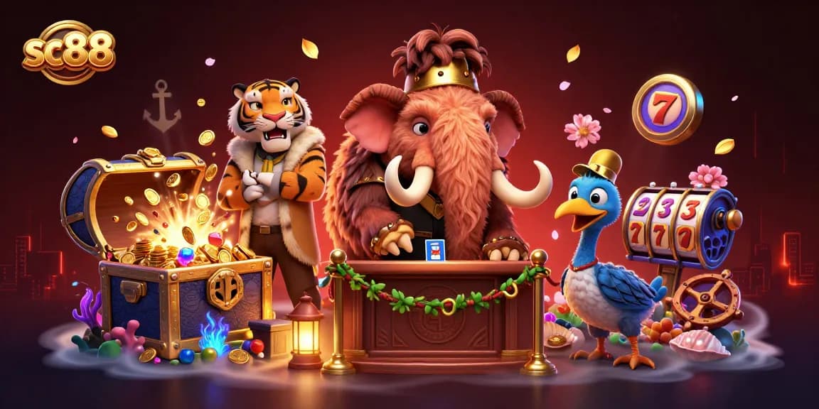 Experience the vibrant 3D casino scene with sc88's energetic characters and stunning game elements.