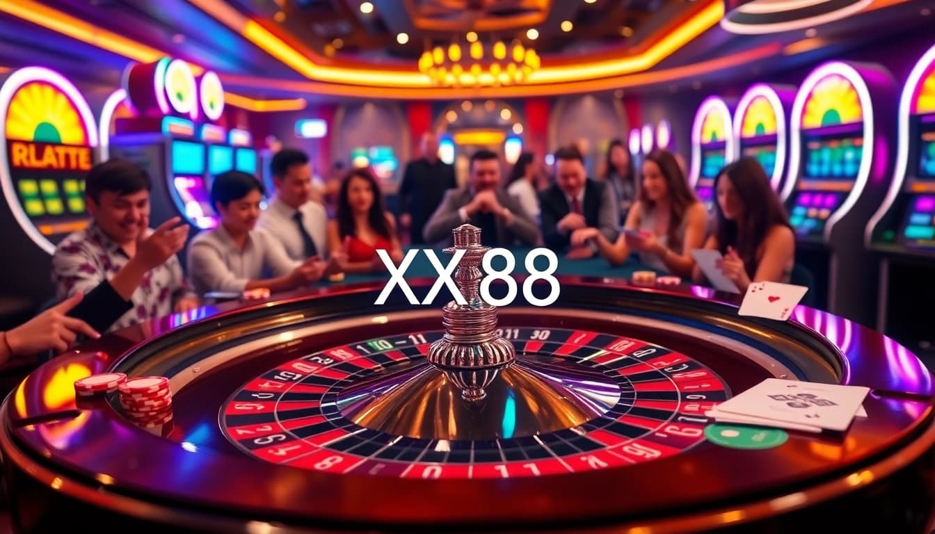 Experience the excitement of gambling at XX88's vibrant casino with roulette and colorful chips.