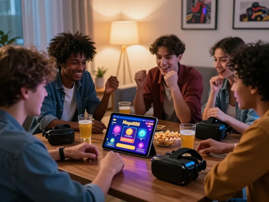 Group of gamers enjoying free credit Mega888 in a cozy home setting with vibrant tablet display, snacks, and drinks.