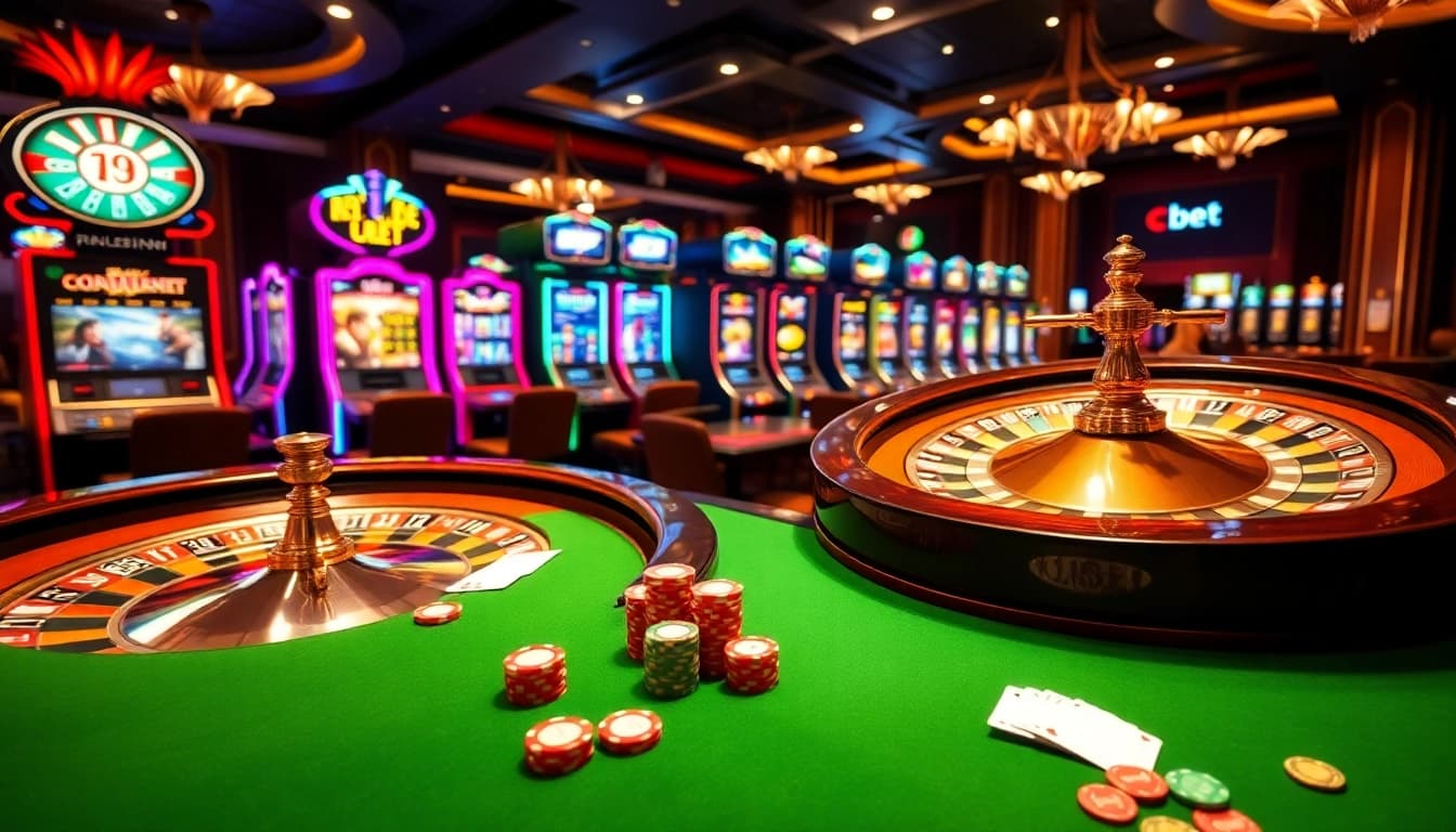 Experience the thrill of gambling at c168bet with a luxurious casino setting featuring poker chips and a roulette wheel.