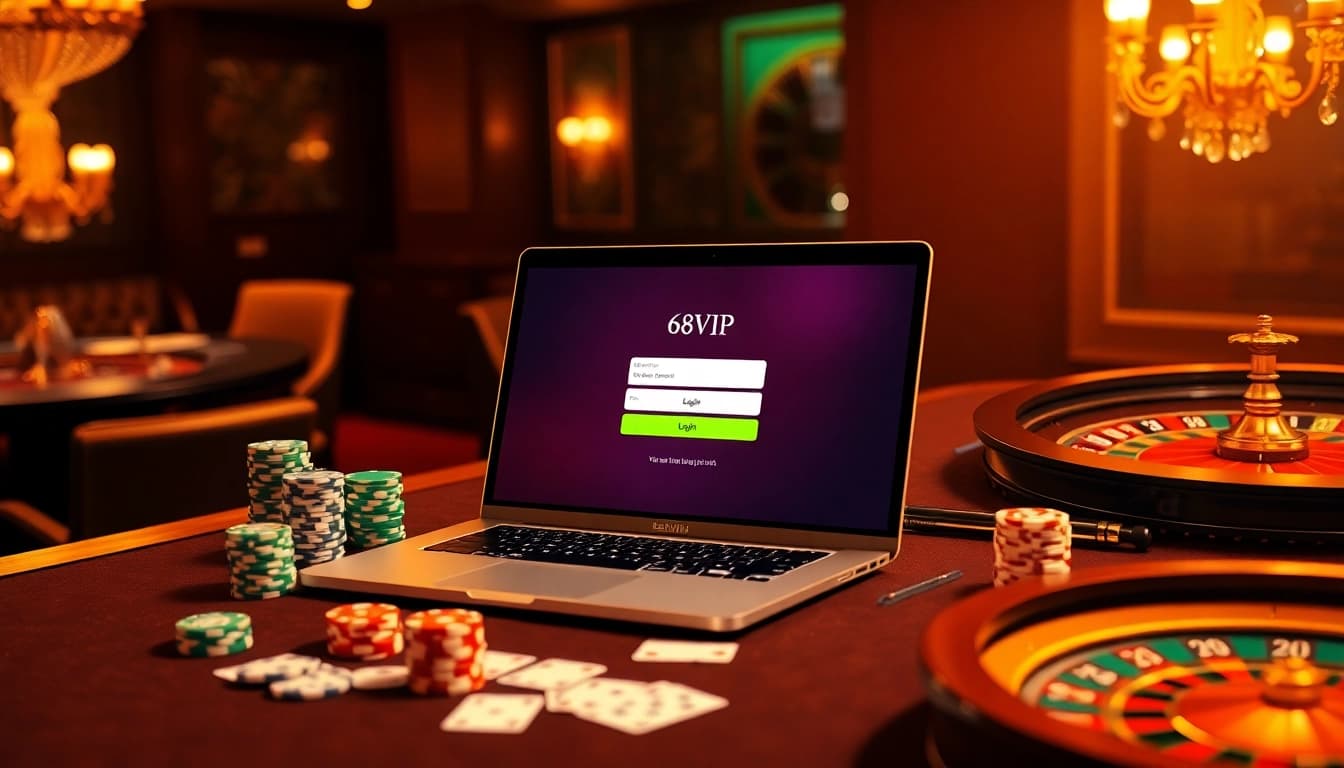 Login interface for Đăng Nhập Nhà Cái 68VIP alongside casino-themed elements like cards and chips.