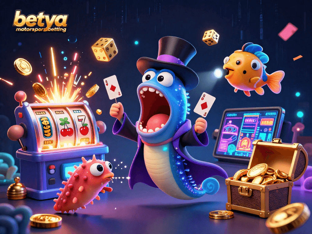 Betya motorsport betting showcases a vibrant 3D illustration of marine creatures performing casino magic.