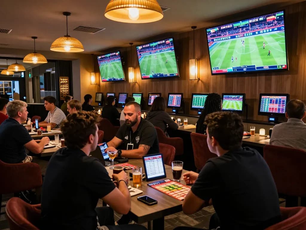Engaged sports fans placing bets with kèo nhà cái hôm nay and lively atmosphere in modern lounge.