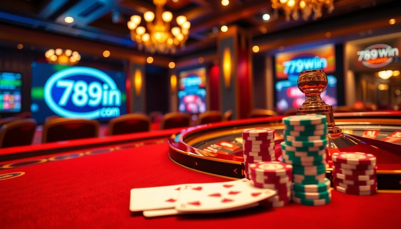 Engaging scene of poker chips and a roulette wheel at 789win com online casino.
