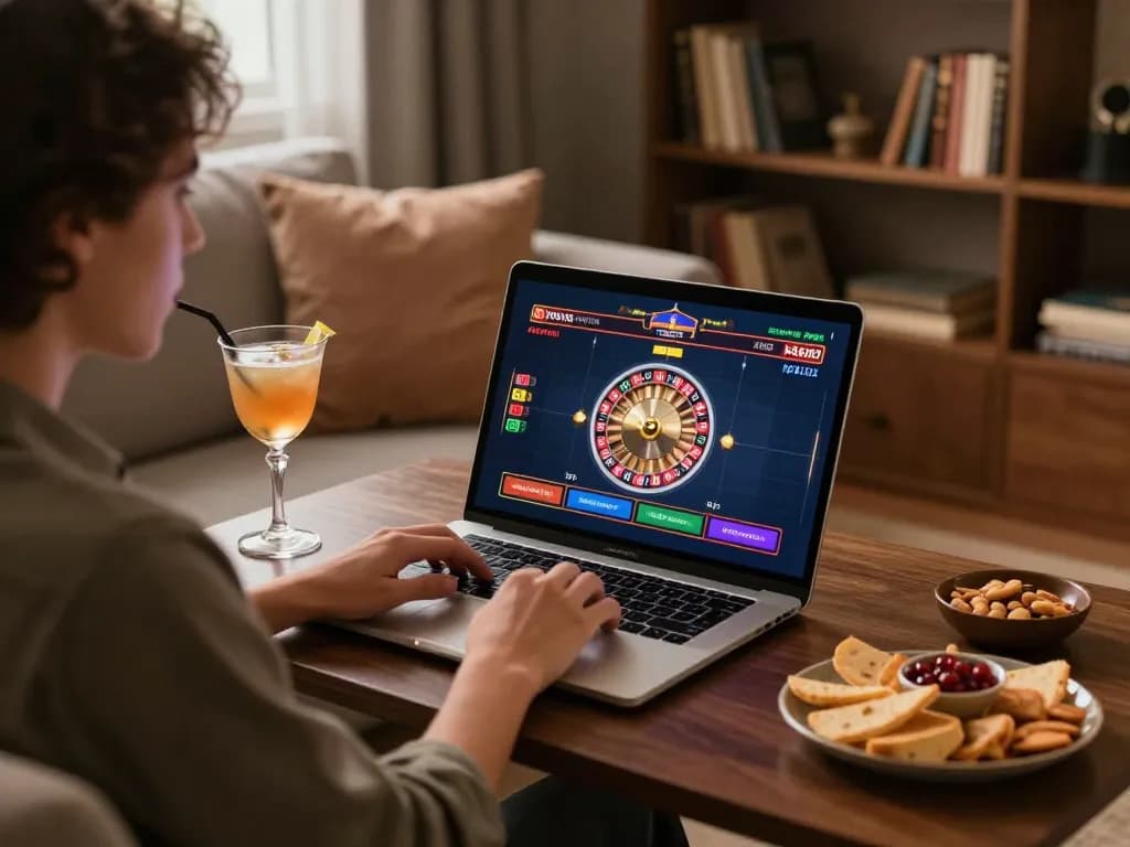 Engaging in a thrilling roulette game on 789win com with a cozy home setting, showcasing responsible gaming.
