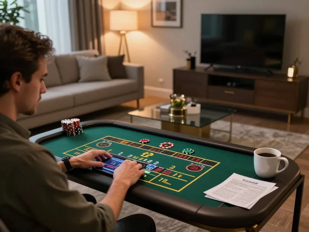 Player enjoying dh88 online gaming, focused on tablet displaying a live dealer game in cozy home setting