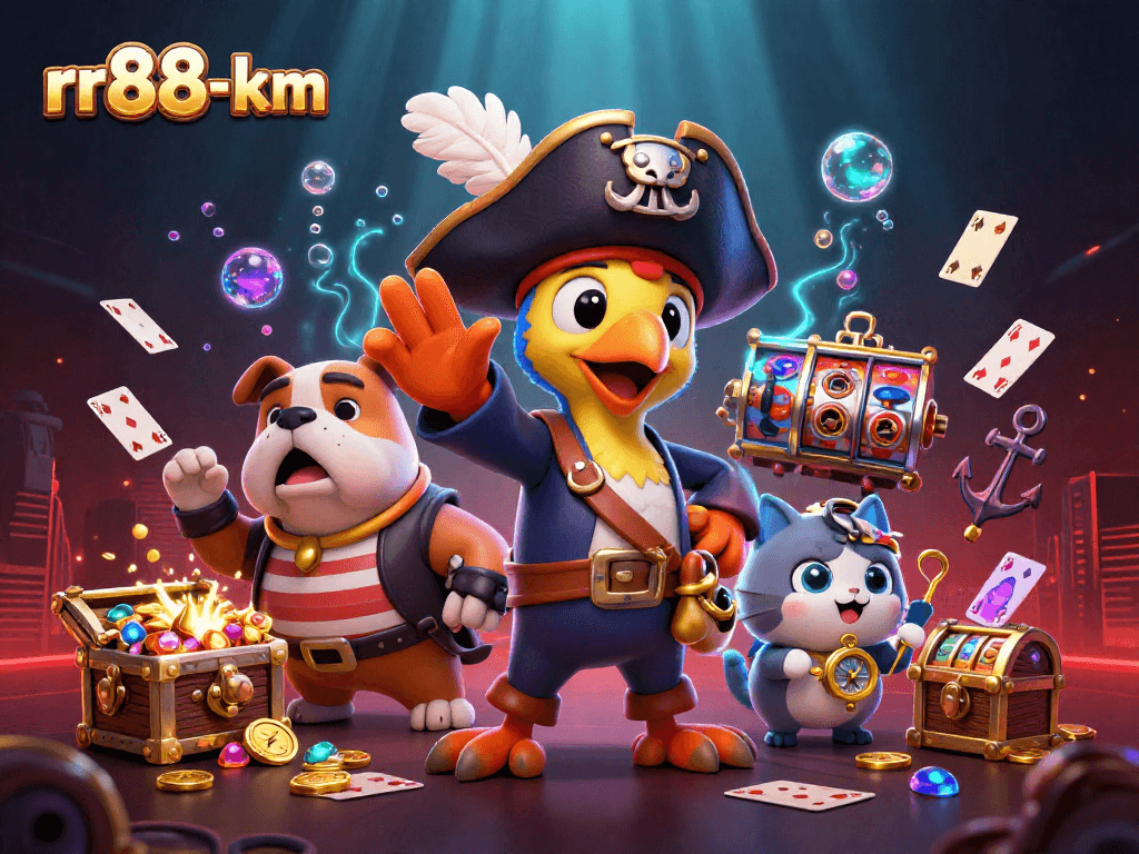 Engage with rr88-km's exciting treasure-filled casino adventure featuring playful characters and vibrant game elements.