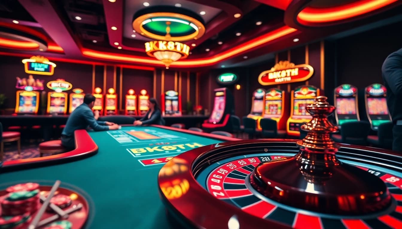 BK8TH branded casino scene with excited players at poker tables and spinning roulette wheel.
