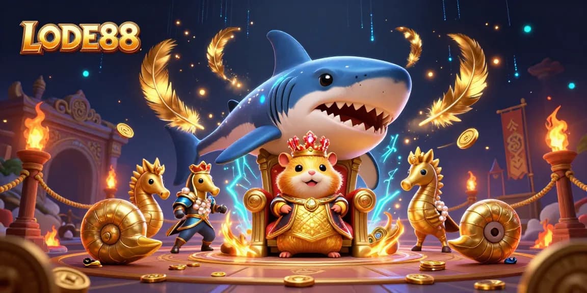 Experience LODE88's vibrant casino scene with the golden hamster king and majestic guards.