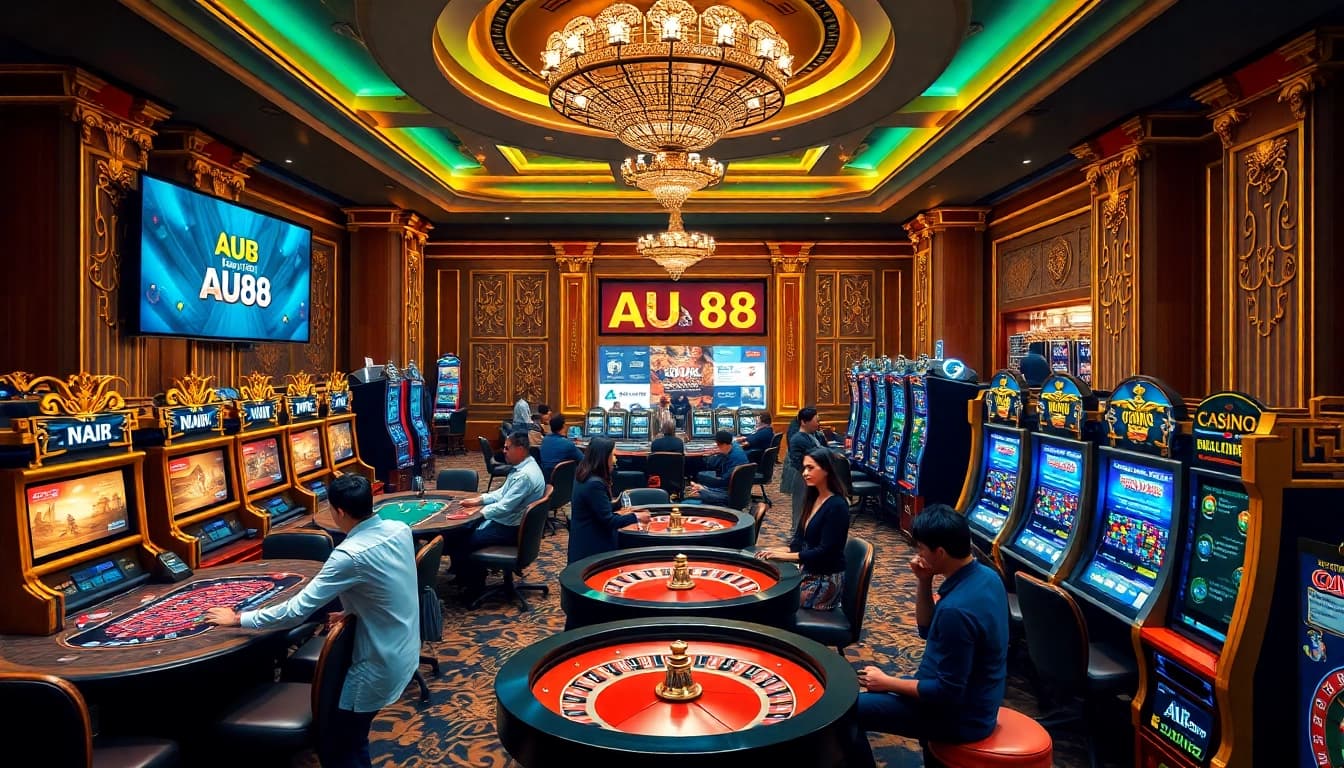 Nạp Tiền AU88 at a luxurious casino, showcasing diverse players at slot machines and roulette.