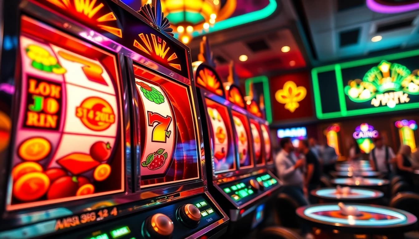 Slot Game dengan mesin slot berputar, simbol keberuntungan, dan pemain merayakan kemenangan.