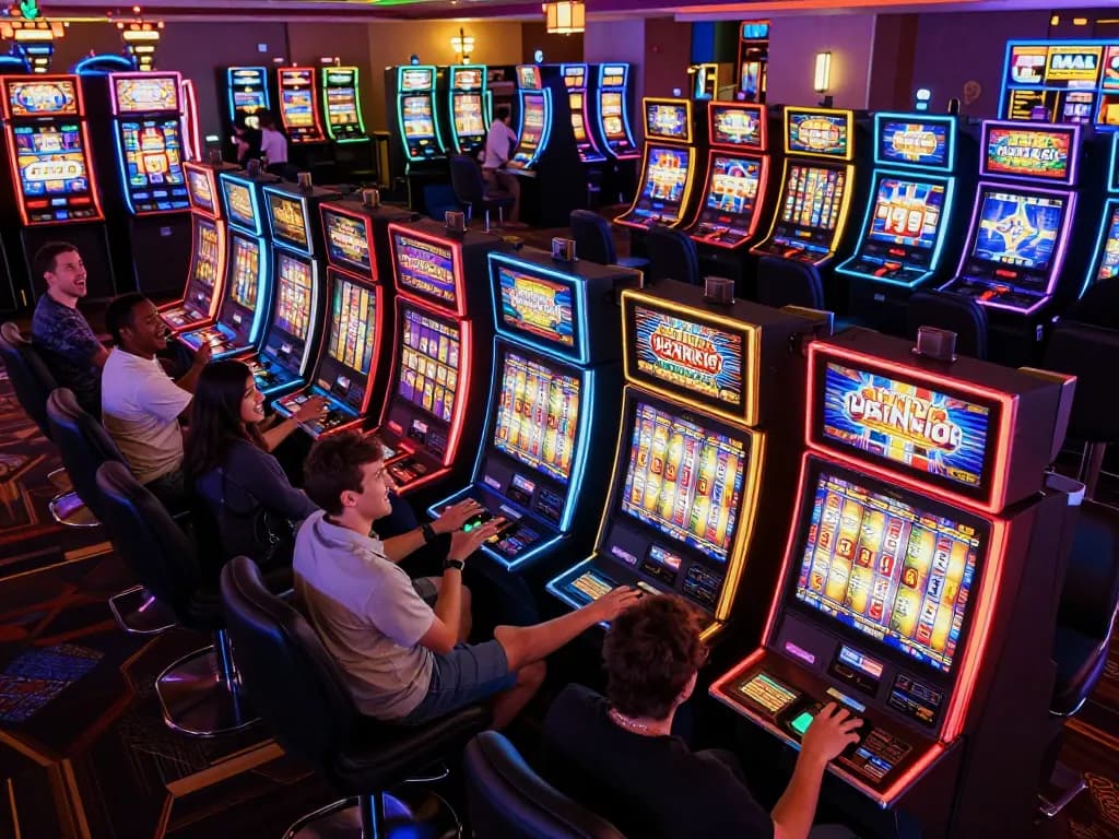 Pemain menikmati sensasi mesin slot di lingkungan kasino yang hidup, menampilkan putaran yang menarik dan jackpot.