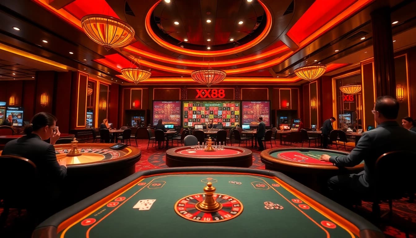 Exciting scene of players enjoying popular xx88 game at a luxurious casino table.