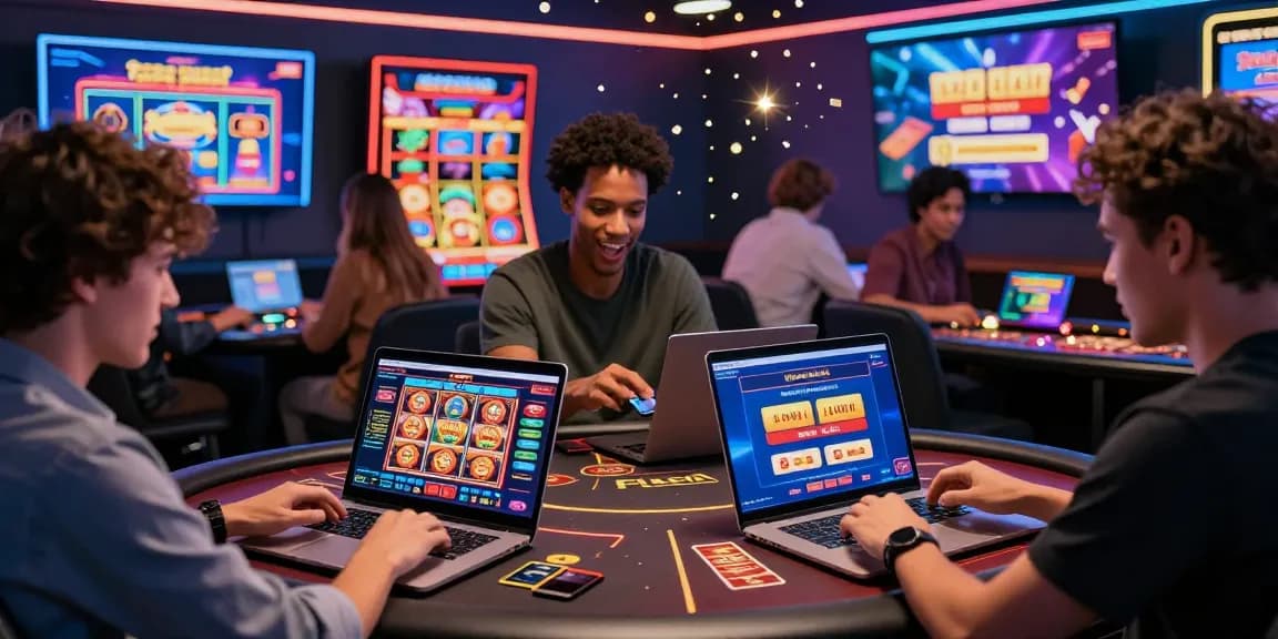 Vibrant scene of players at digital credit card casinos on https://being-there.org.uk, showcasing excitement and promotions.