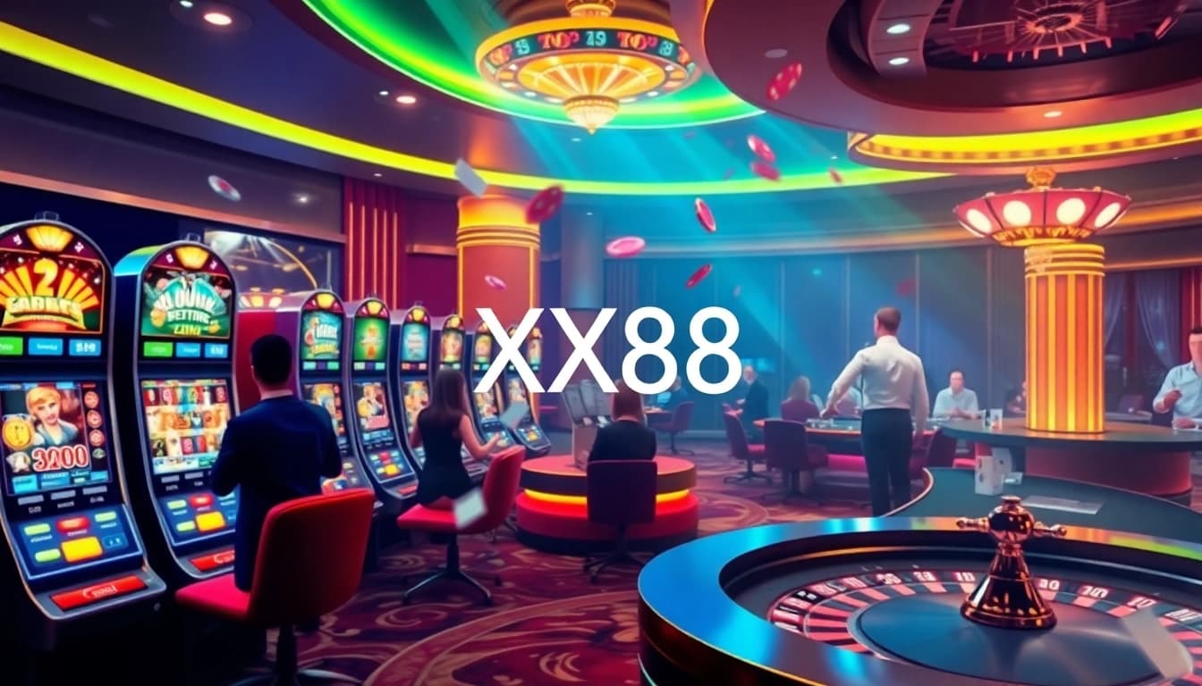 Experience the thrill of online gambling at XX88, with vibrant casino visuals showcasing slot machines and poker chips.