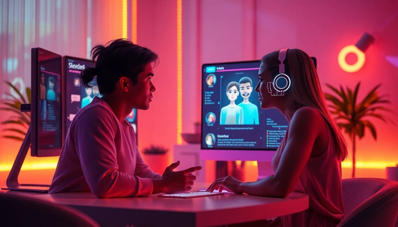 Engaging scene showcasing interactions in ai sexchat with vibrant AI avatars and modern digital interfaces.