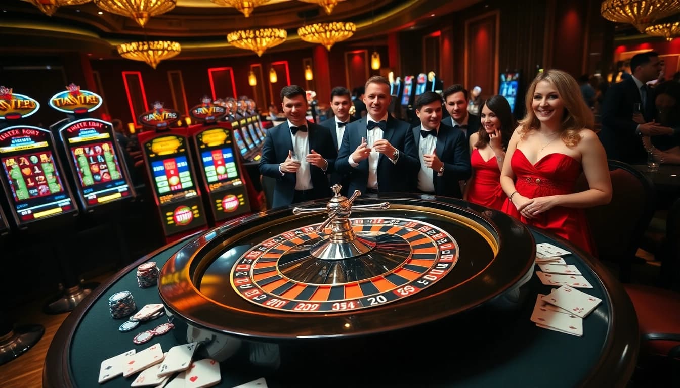 Players enjoy the high-stakes excitement at the RR88 Auction casino table with vibrant roulette and chips.