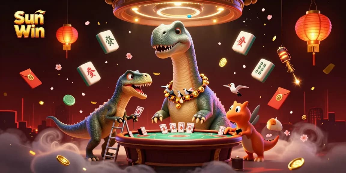 Engage in thrilling gameplay with Sun Win at a vibrant cartoon casino featuring a giant brontosaurus.
