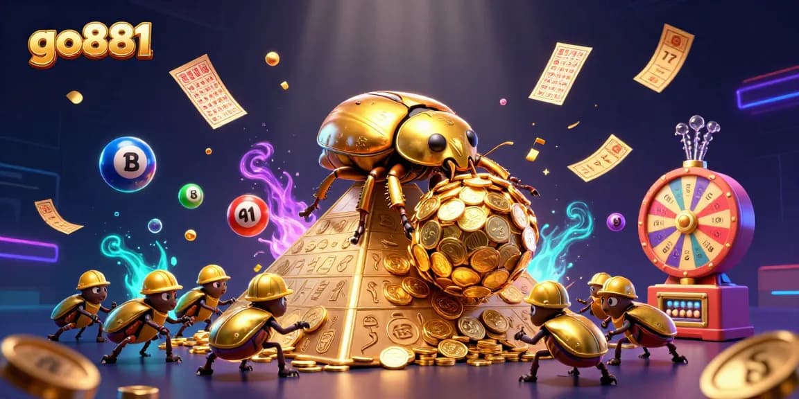 Join the excitement of go881 as the golden beetle rolls a jackpot of coins in this vibrant casino scene.