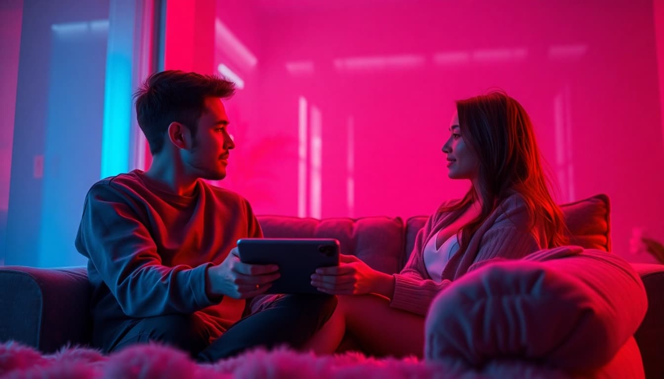 Engaging in sex ai chat with an AI character in a cozy, intimate setting.