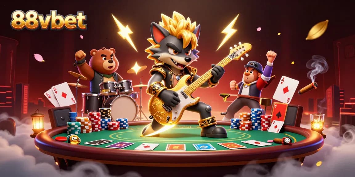 Engage in thrilling action with 88vbet's vibrant casino scene featuring a rock star wolf and exciting game elements.