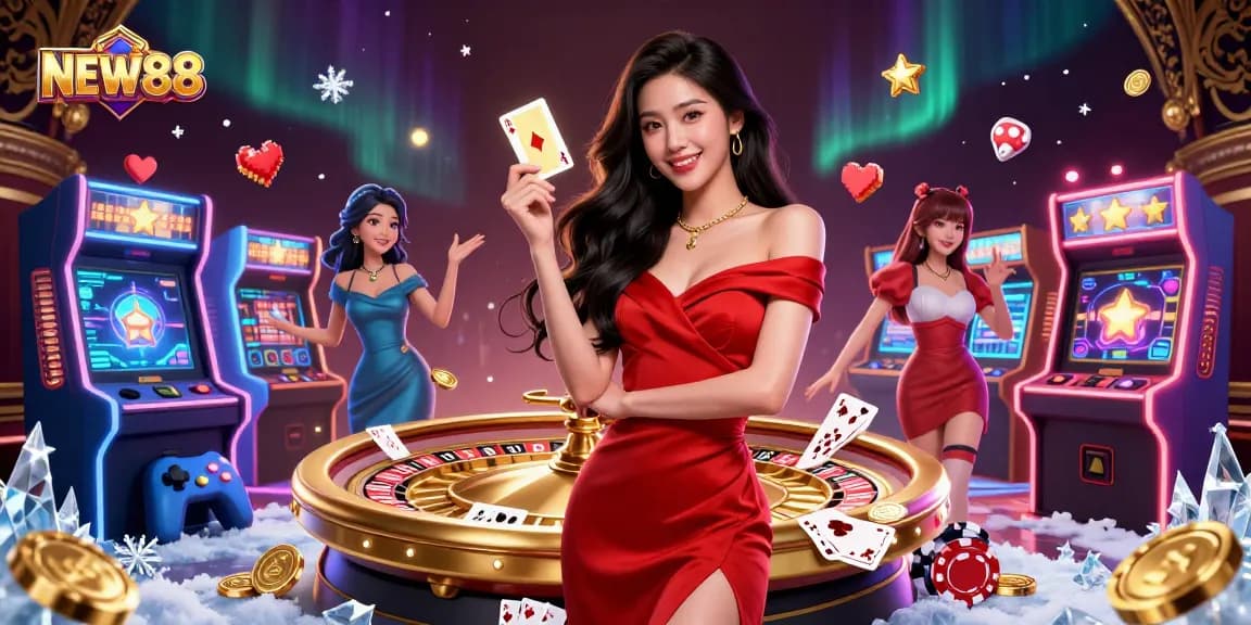 Play poker at NEW88 with vibrant graphics in a luxurious casino-themed illustration.