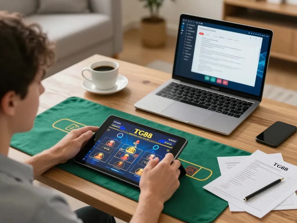 Player enjoying online casino gaming on TG88 app in a cozy home environment