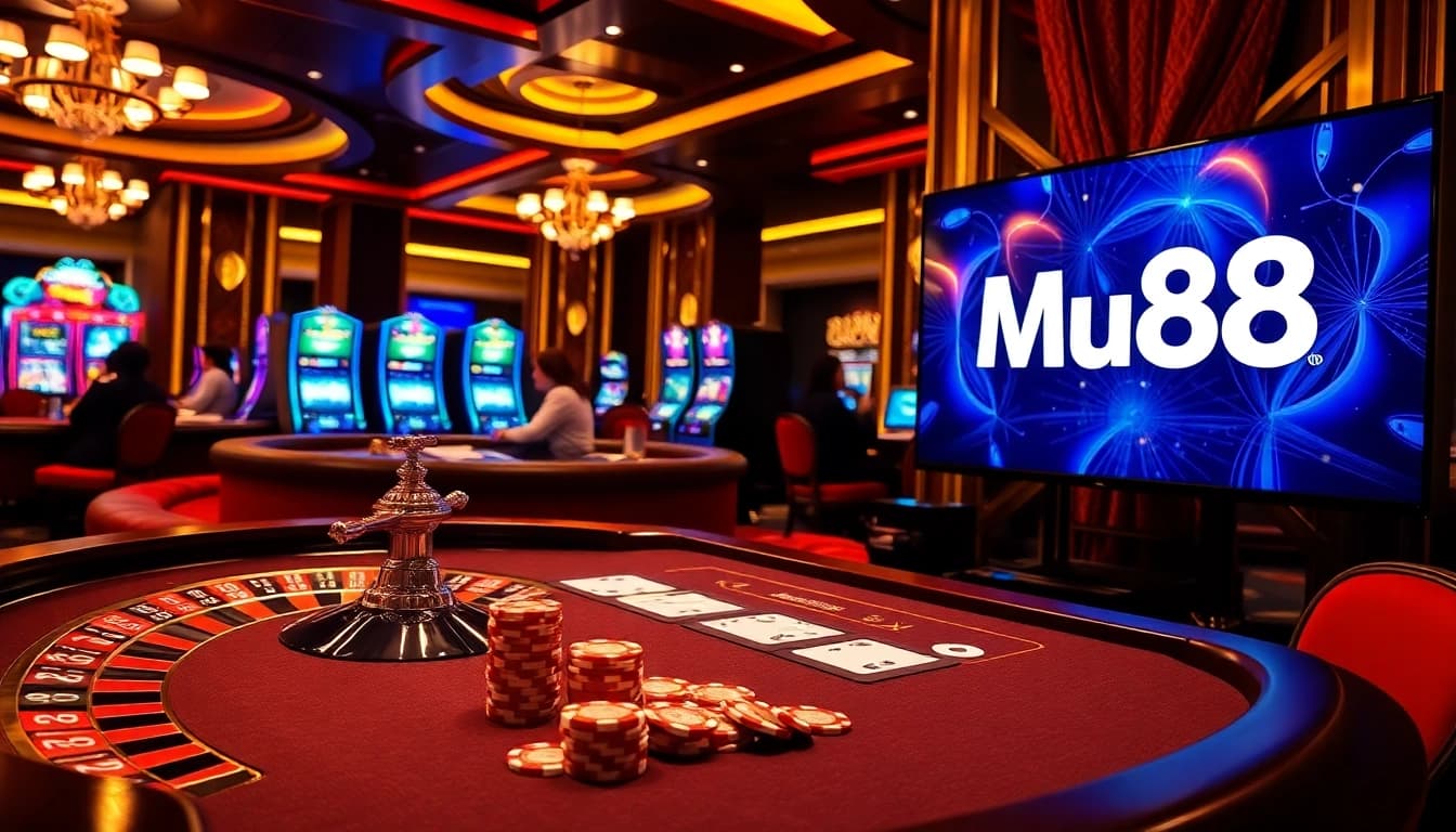 Engaging casino game scene featuring Mu88 branded poker chips and elegantly designed gambling tables.