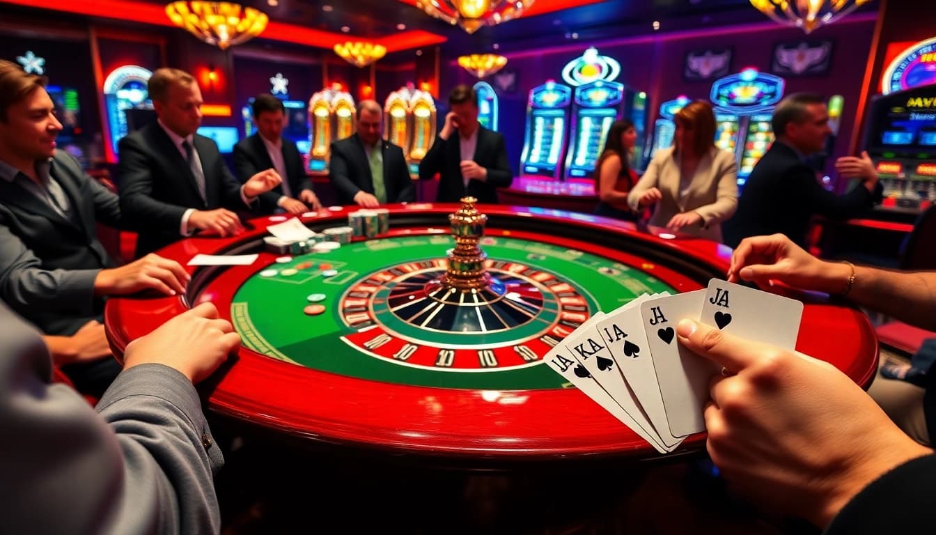 Exciting casino roulette table action representing luck 8 with poker chips and betting slips.