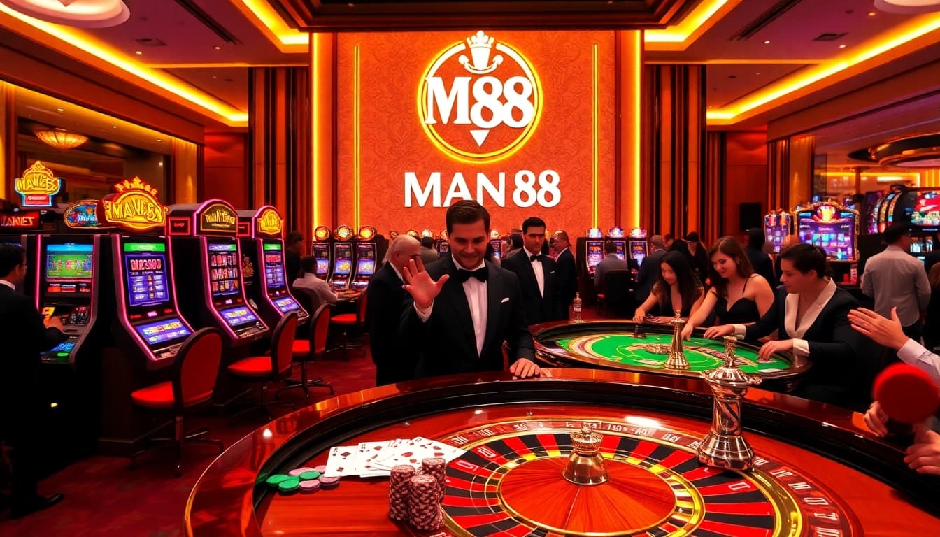 Experience the thrill of Man 88 with elegant casino tables and vibrant slot machines.