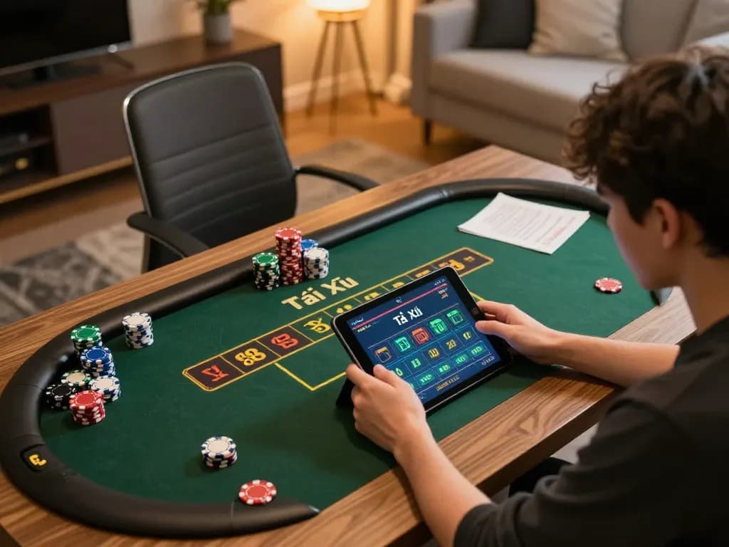 Tài xỉu online gaming session, player strategizing bets on a tablet in a modern home