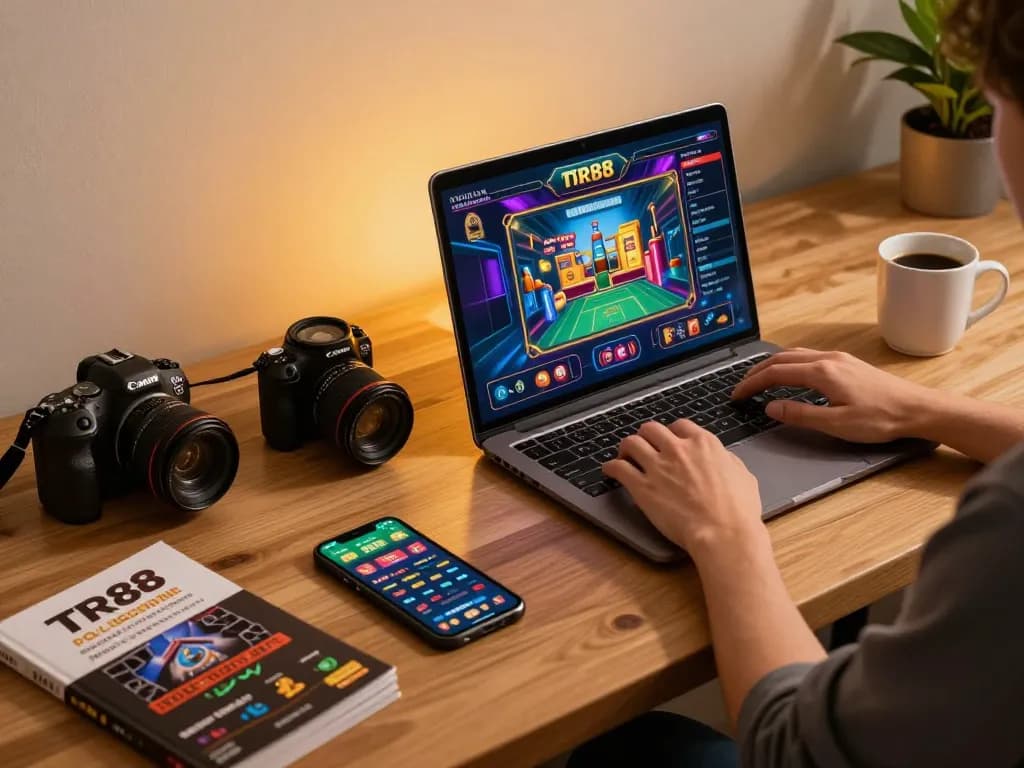 Engaged player exploring TR88 casino games on a laptop in a cozy home setup.