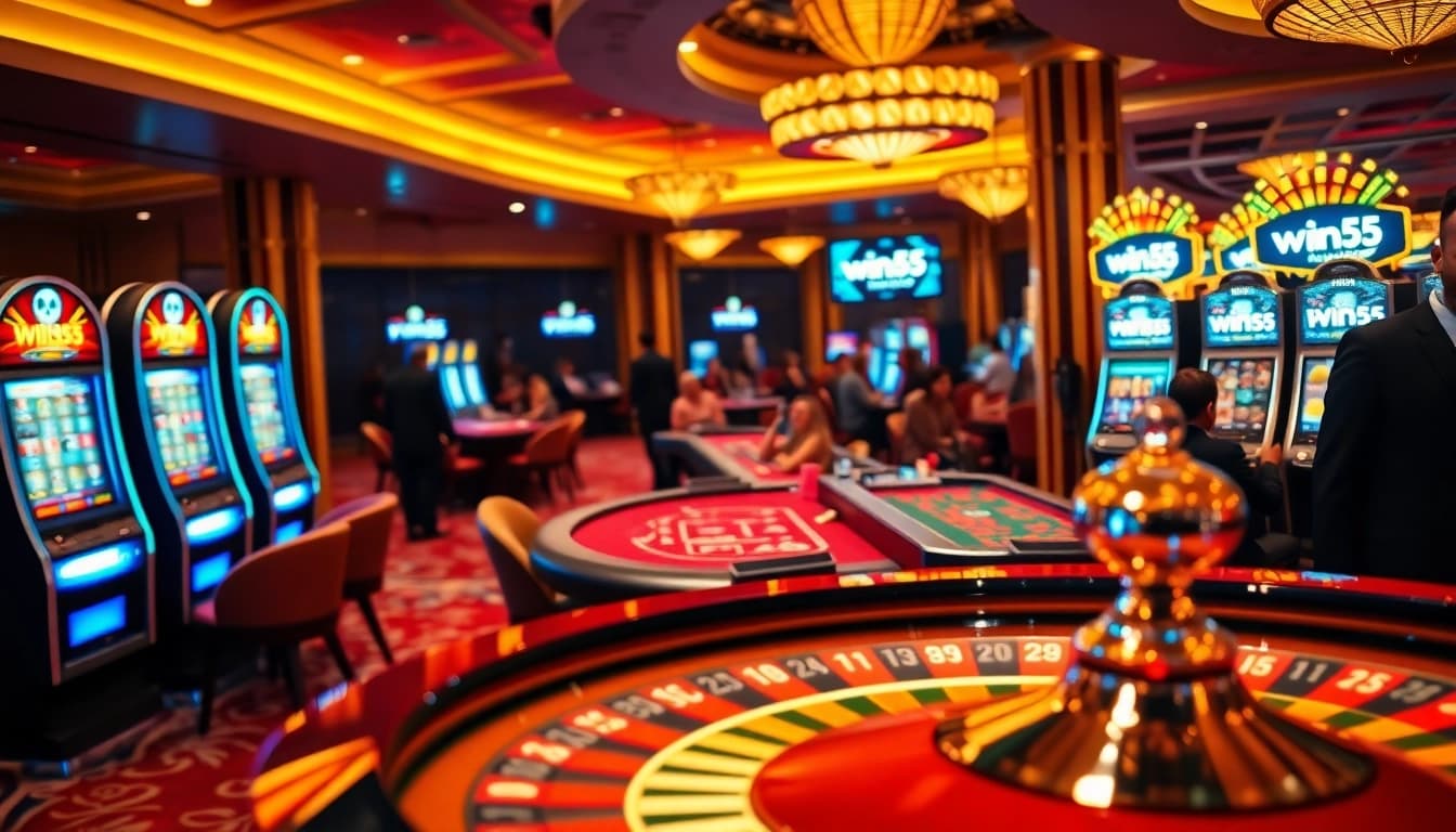 Gamblers enjoying a vibrant win55 casino experience at roulette and slot machines.