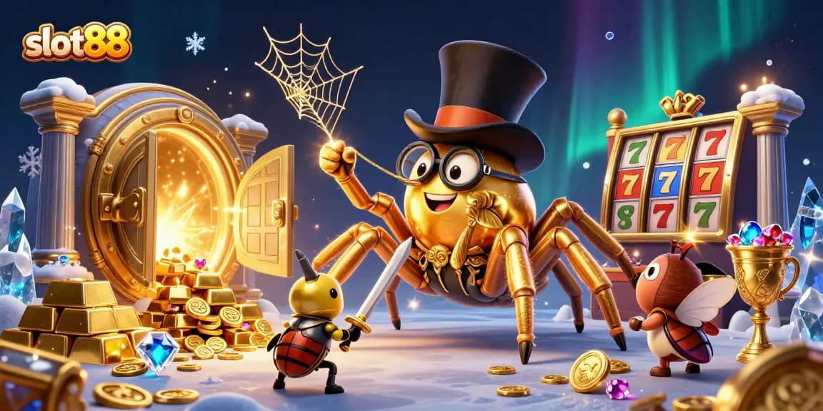 Menangkan slot88 dengan ilustrasi 3D luar biasa dari tarantula emas dan ksatria kecil di kasino.