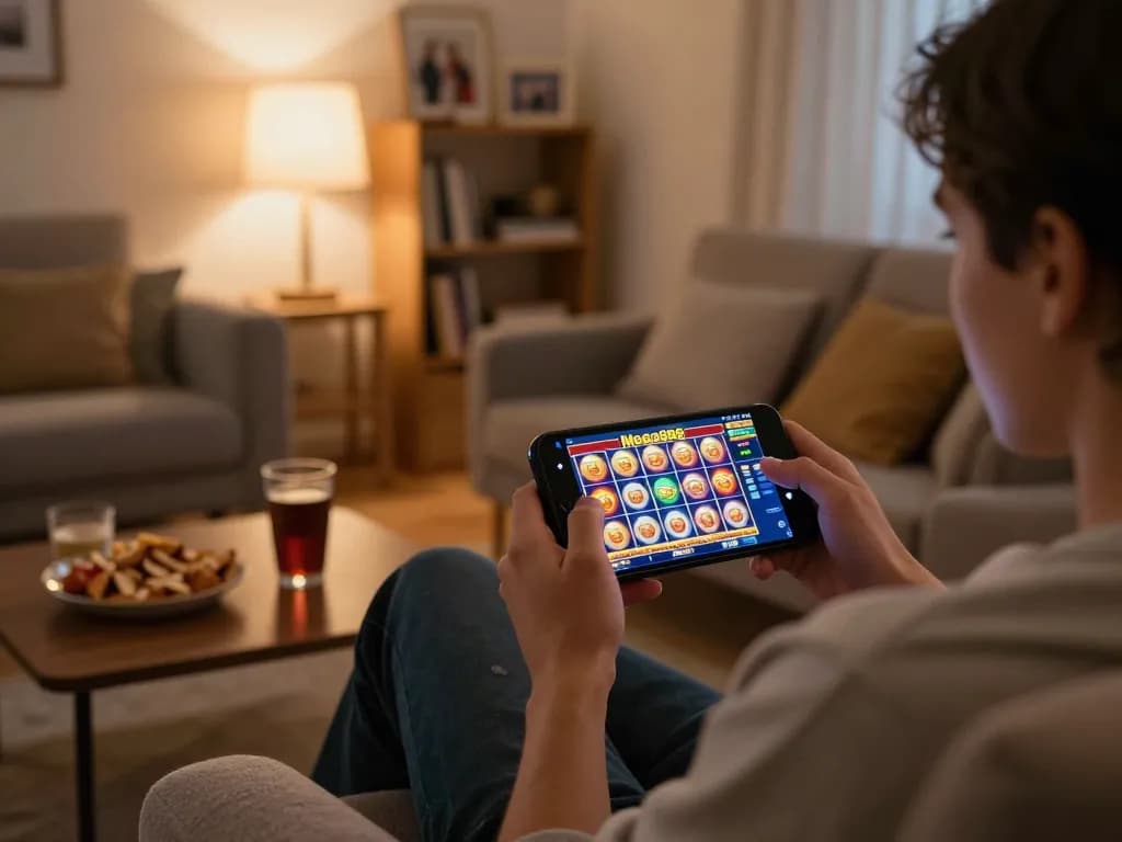 Proudly playing Mega888 online slots on a smartphone in a cozy home setting, showcasing vibrant gameplay and responsible gaming.