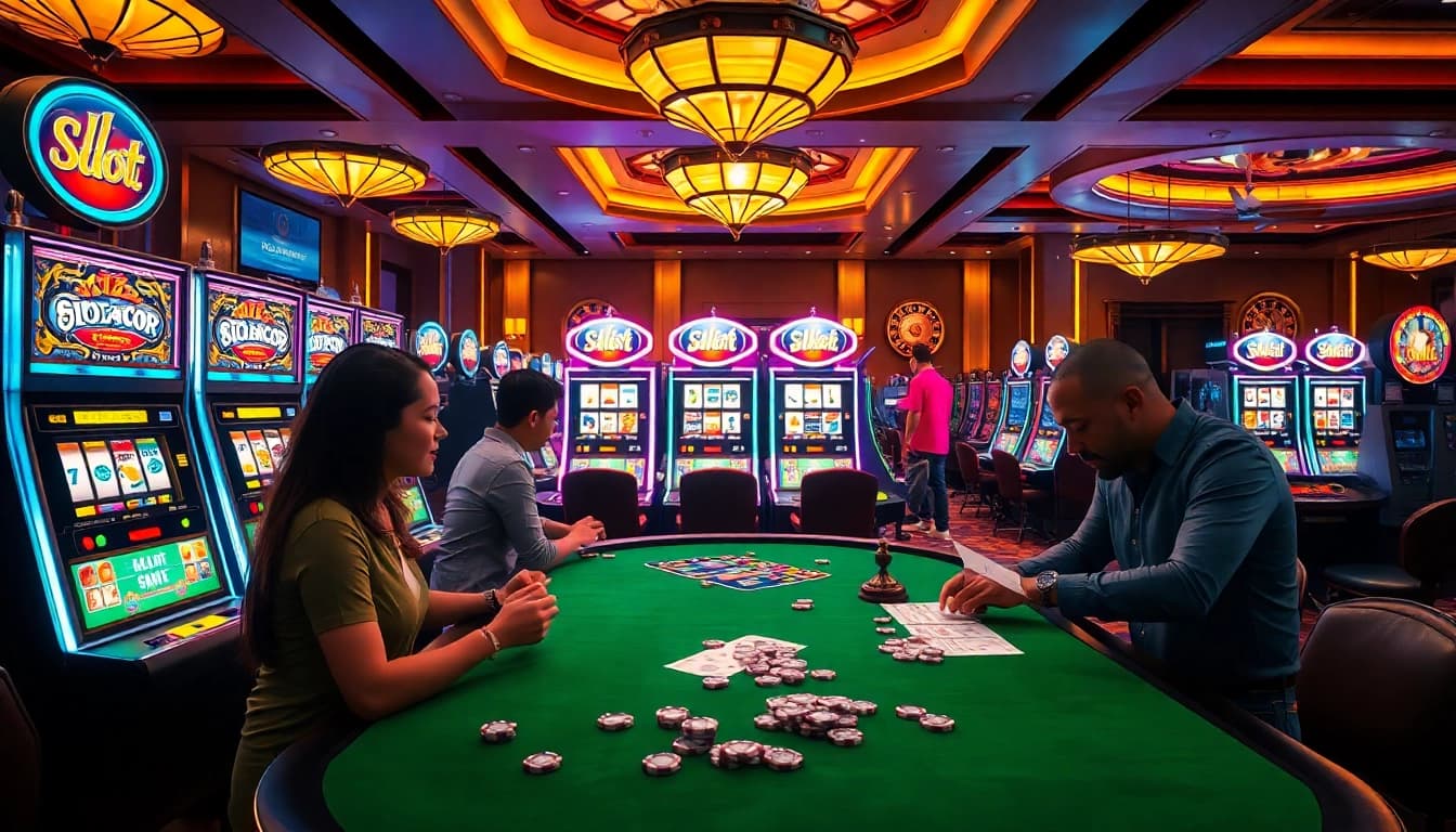 Players enjoying slot gacor machines in a lively casino atmosphere with colorful lights and excitement.