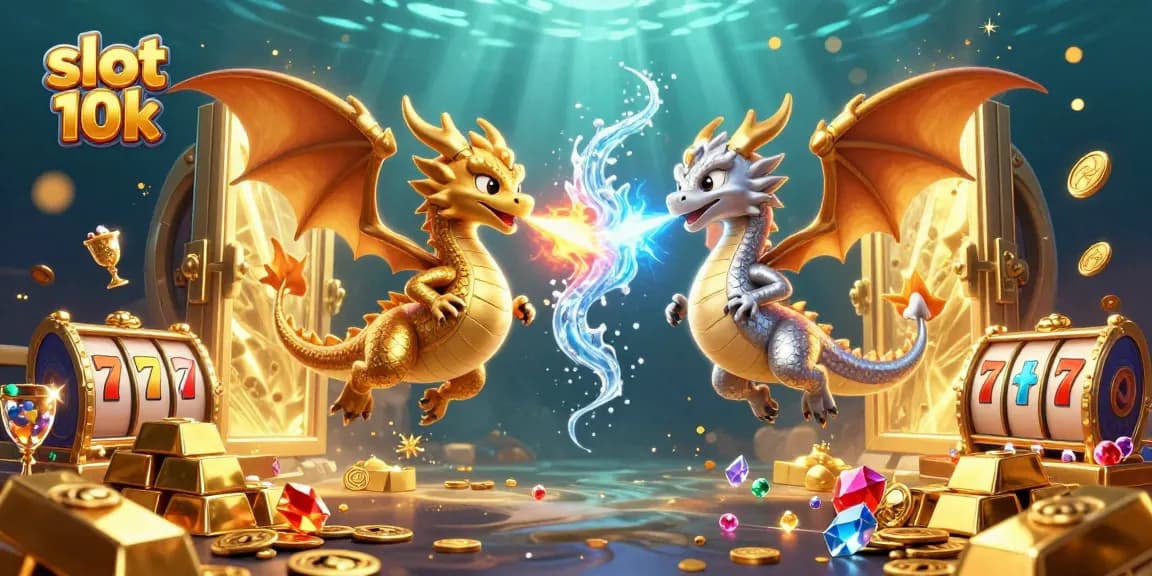 Engage with exciting slot 10k gameplay featuring twin dragons and dynamic treasures in a vibrant casino scene.