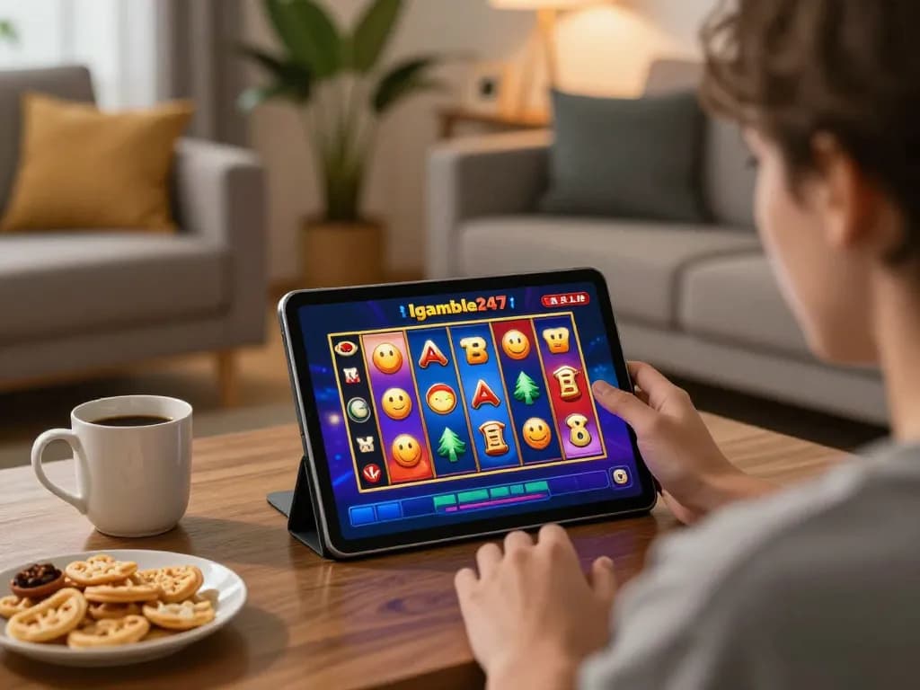 Igamble247 Slot gameplay displayed on a tablet in a cozy home setting