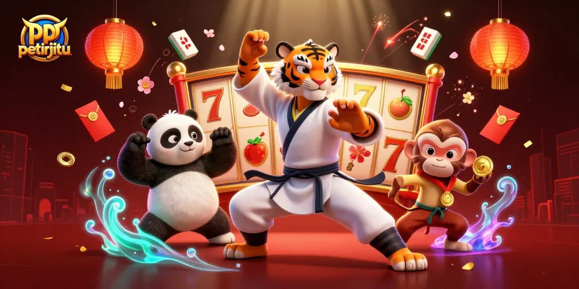 Permainan kasino yang seru di petirjitu dengan tiger master, panda, dan monkey pelajar menampilkan sukacita.