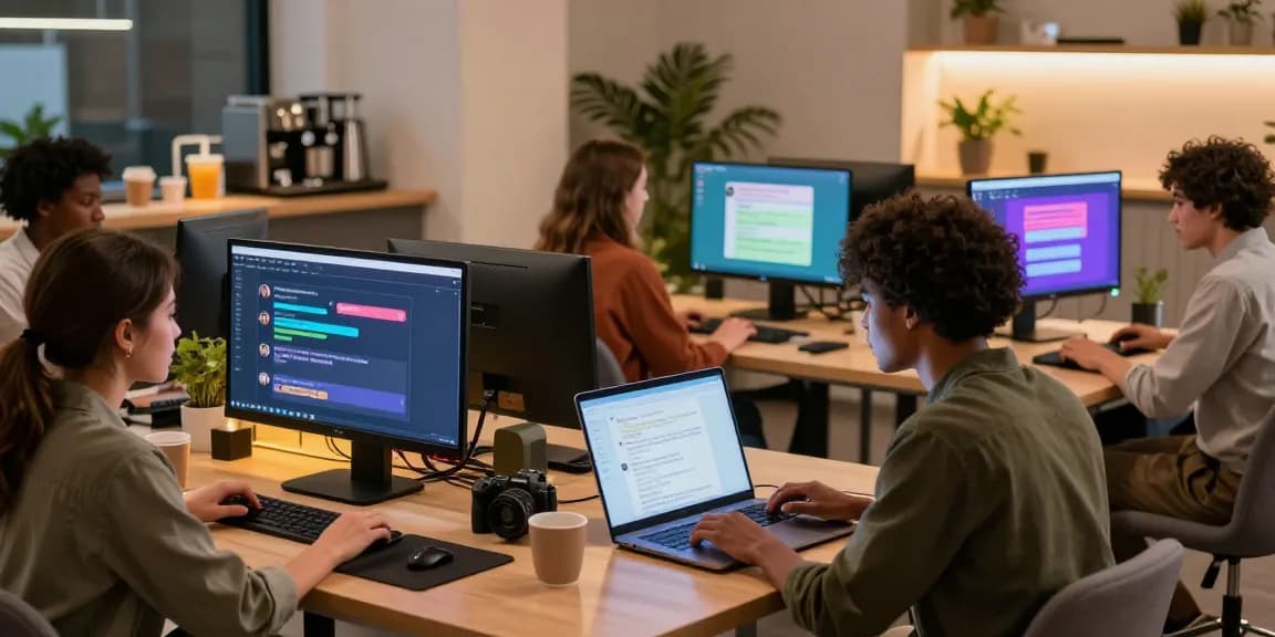 Explore AI NSFW chat interactions in a modern workspace setting with diverse users engaging with advanced technologies.