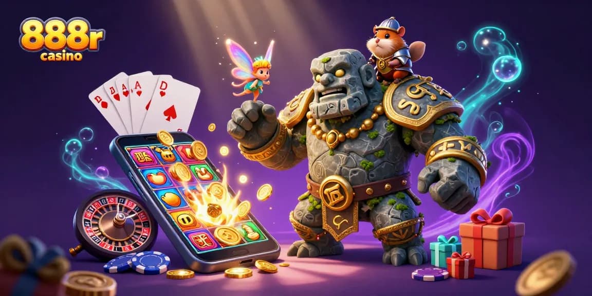 Engage with the captivating 888r casino scene, showcasing lively characters amidst vibrant slot game elements.