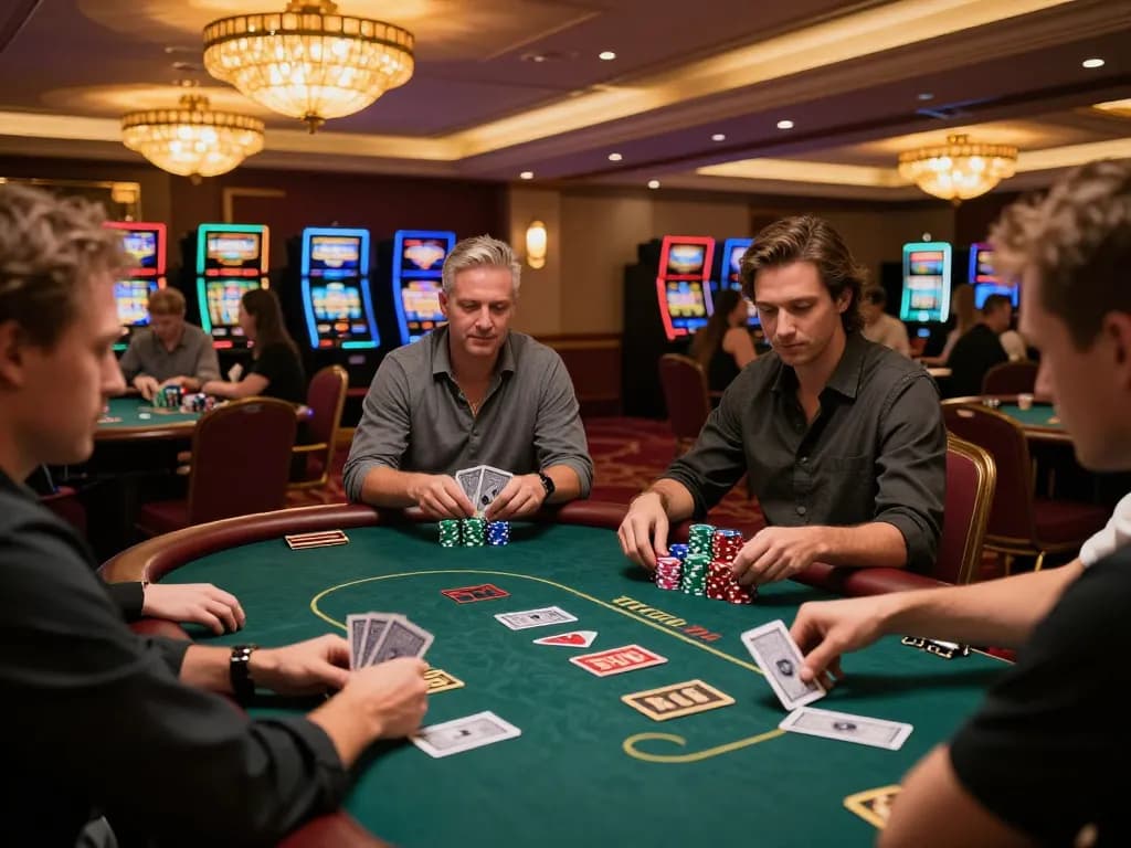 Players at af88 poker table engaged in high-stakes action, showcasing thrilling casino atmosphere.